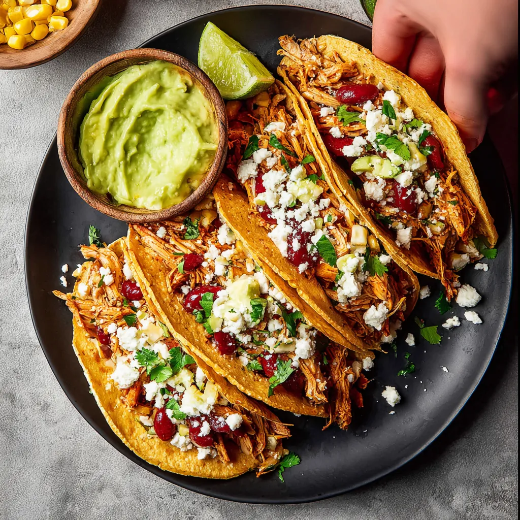 Close-up of delicious Pulled Chicken Tacos, ready to be enjoyed as part of a flavorful meal.
