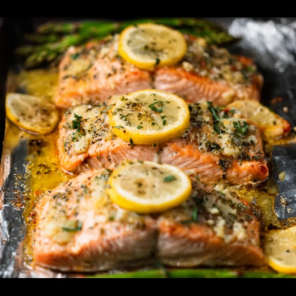 Close-up of a freshly baked Sheet Pan Lemon Garlic Butter Salmon, showcasing its flaky texture and vibrant lemon slices.