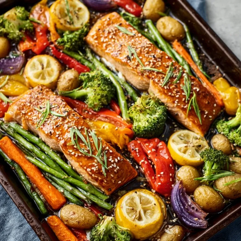 Close-up of Sheet Pan Salmon And Vegetables, showcasing flaky salmon and colorful roasted vegetables arranged on a baking sheet.