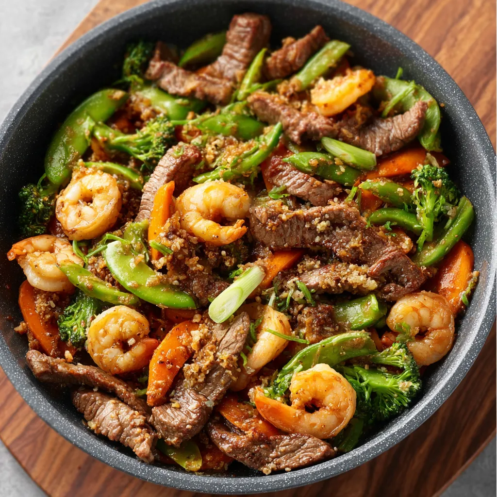 Close-up shot of a delicious Steak And Shrimp Stir-Fry, highlighting the juicy steak, plump shrimp, and colorful vegetables.