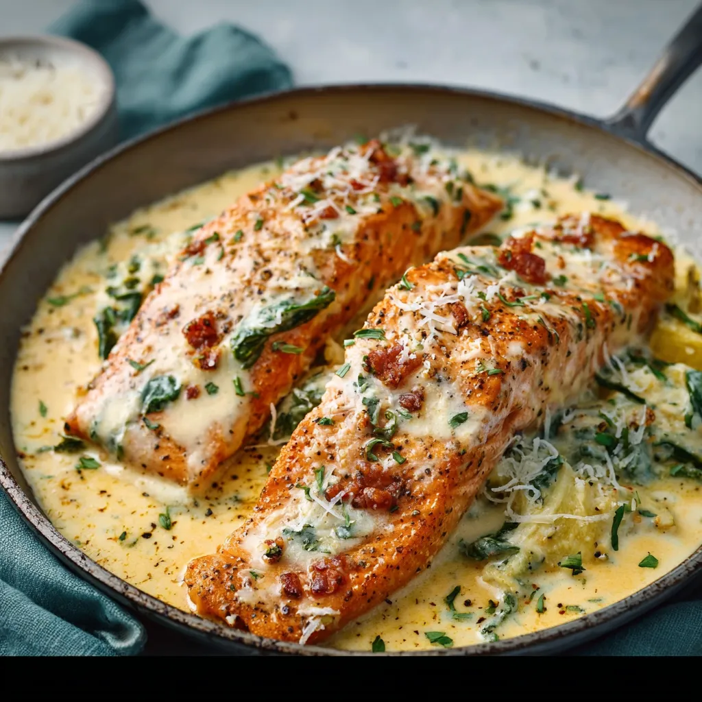 Close-up view of a delicious plate of Tuscan Salmon, showcasing its creamy sauce and vibrant presentation.