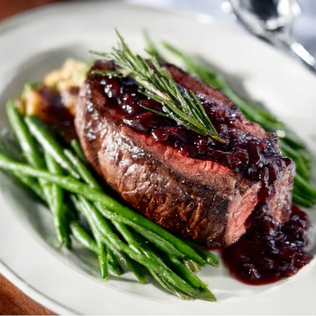 Close-up shot of a perfectly seared Filet Mignon With Red Wine Sauce, showcasing the rich color and texture of the dish.