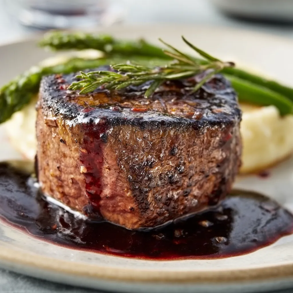 Close-up shot of a perfectly cooked Filet Mignon with Red Wine Sauce, showcasing its rich color and texture.
