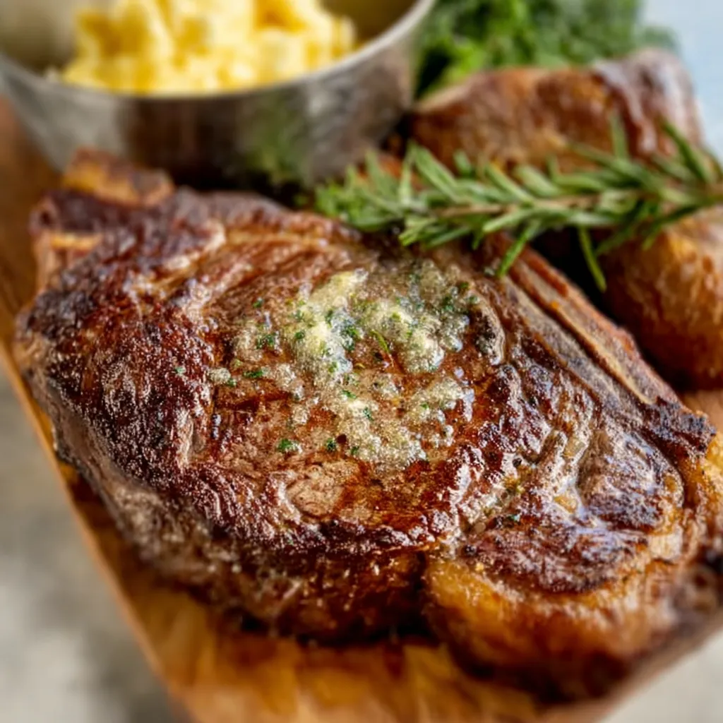 Close-up of a juicy Garlic Butter Ribeye Steak, perfectly seared and ready to be enjoyed.