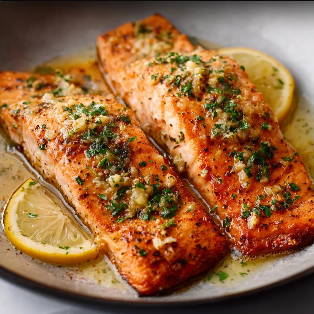Close-up of perfectly cooked Garlic Butter Salmon, showcasing its flaky texture and glistening sauce.