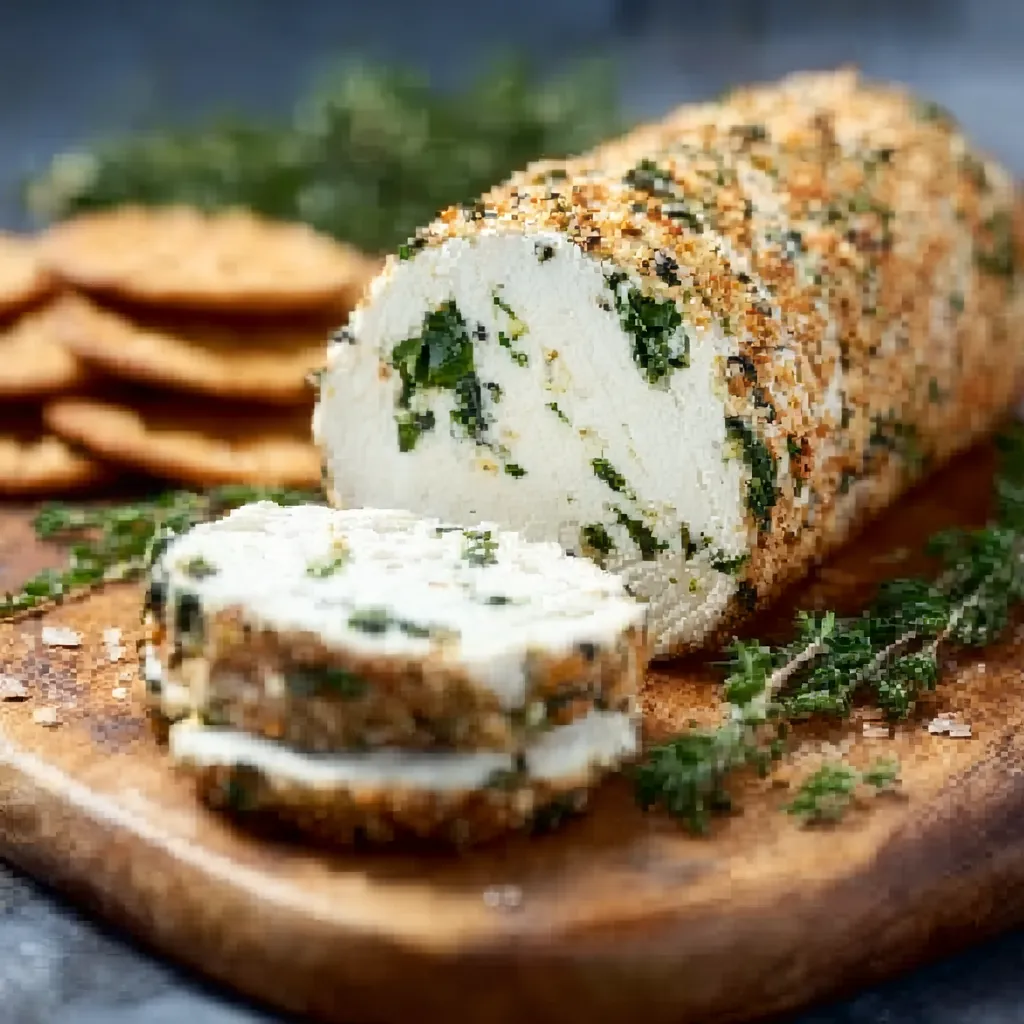 A close-up shot showcases a delicious Garlic Herb Cheese Log, highlighting its creamy texture and fresh herb inclusions.