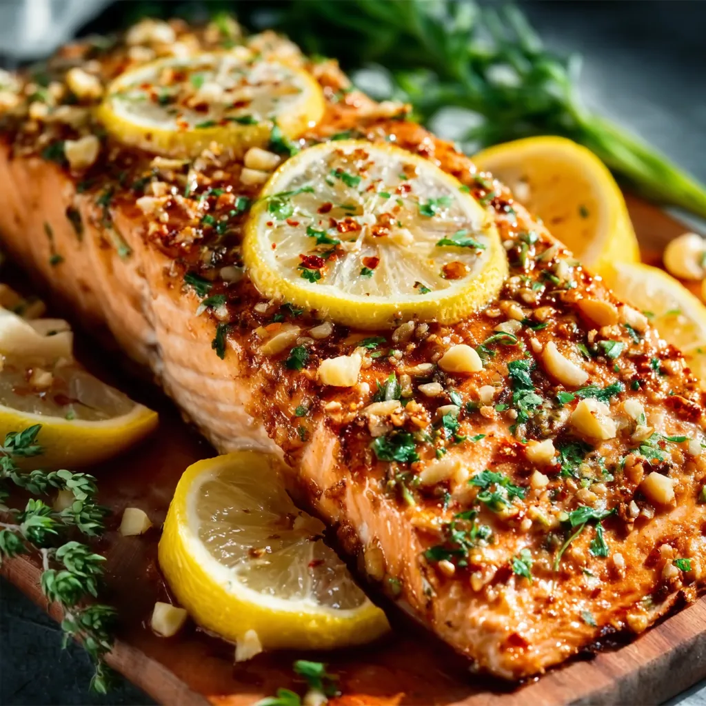 Close-up of flavorful Garlic Lemon Salmon, showcasing its flaky texture and vibrant colors.