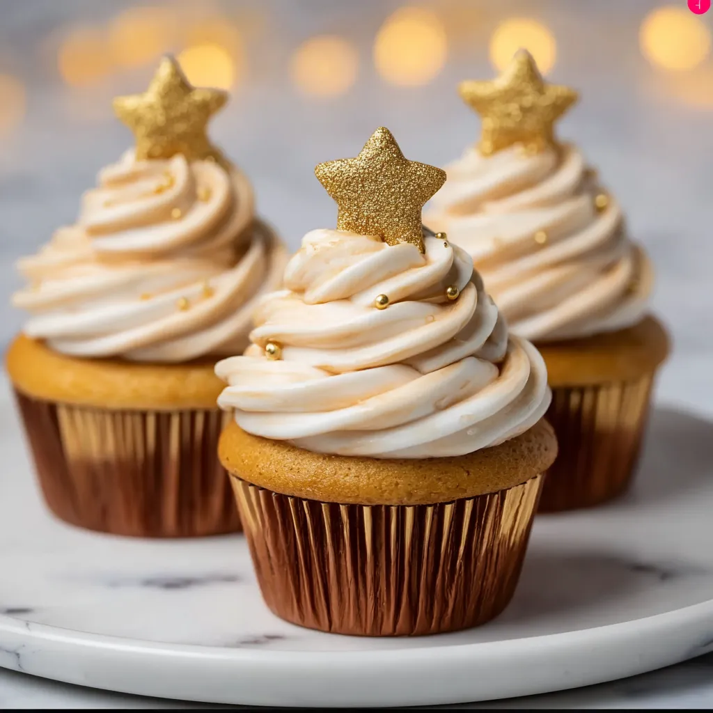 Close-up shot of decorated Gold Star Cupcakes displayed as part of a dessert spread.