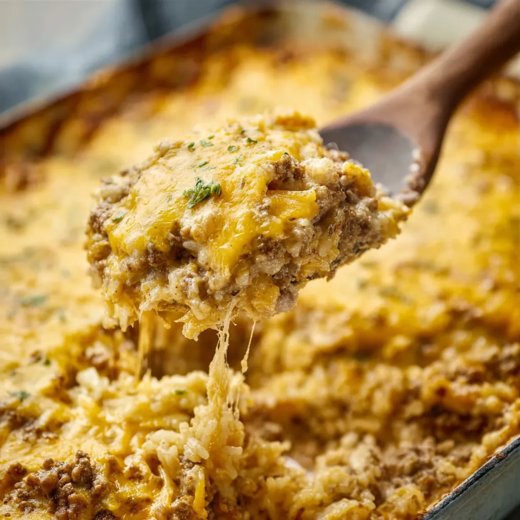 A freshly baked Ground Beef And Rice Casserole is pictured, showcasing its golden-brown top and delicious ingredients.