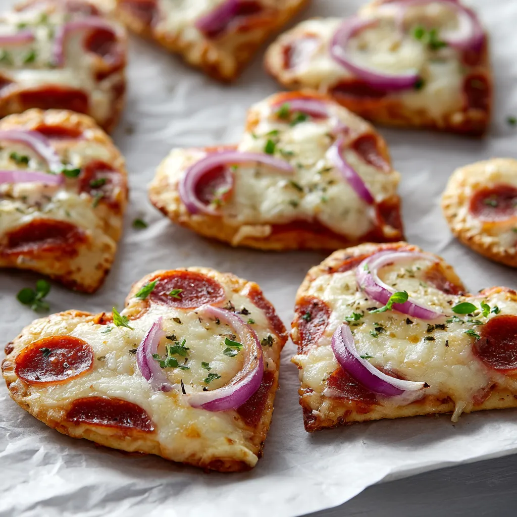Close-up shows delicious, freshly baked Heart Shaped Mini Pizzas ready to be enjoyed.