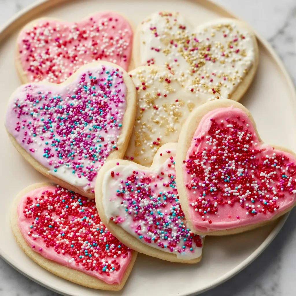 Close-up image showcasing beautifully decorated Heart Shaped Sugar Cookies, perfect for Valentine's Day or any special occasion.