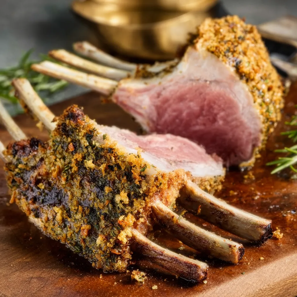 Close-up of a perfectly cooked Herb-Crusted Rack Of Lamb, showcasing the golden-brown herb crust and juicy pink meat.