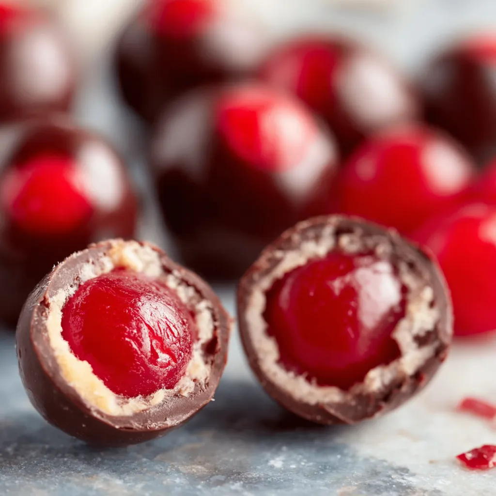 Close-up of freshly made Homemade Cherry Cordials, showcasing the shiny chocolate coating and juicy cherry filling.