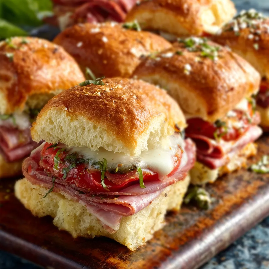 Close-up showing delicious Hot Italian Sub Sliders, perfect for a party appetizer or easy meal.