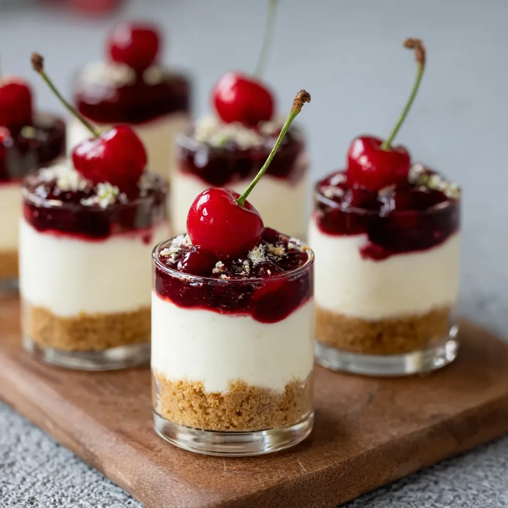 Detailed view of homemade Cherry Cheesecake Shooters in small glasses, perfect for a party.