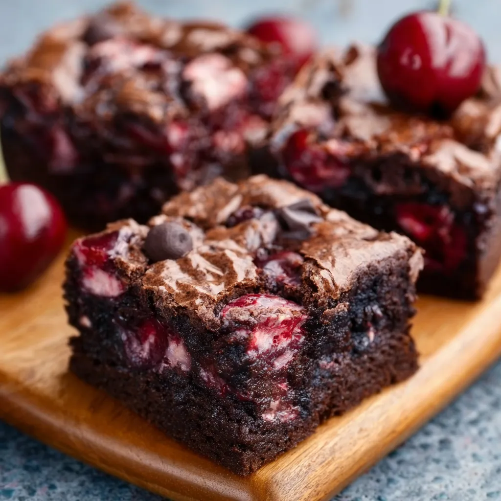 Close-up shot of fudgy Chocolate Cherry Brownies, showcasing their rich texture and cherry pieces.