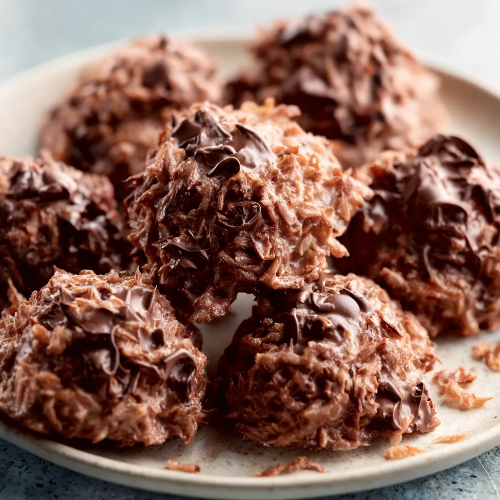 Close-up of delicious homemade Chocolate Coconut Clusters, showcasing their rich chocolate coating and shredded coconut texture.
