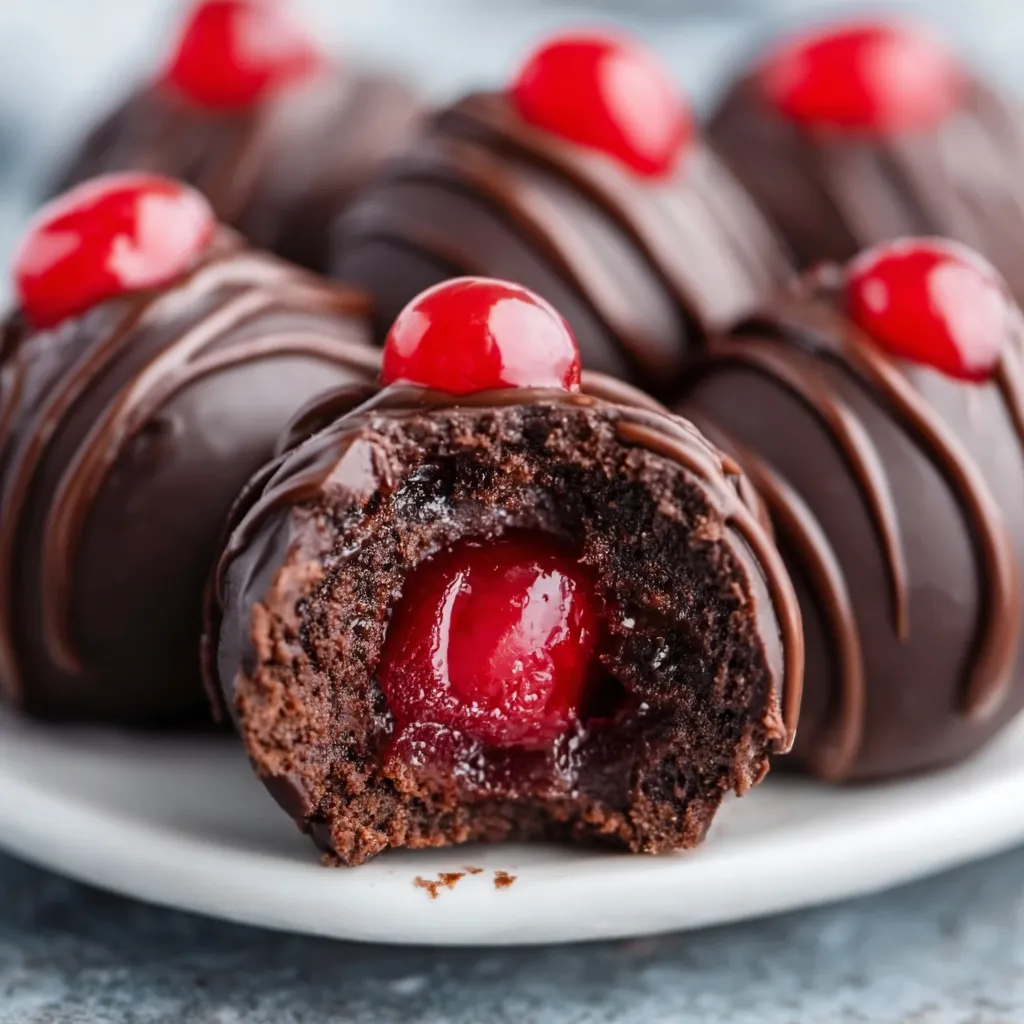 Close-up of rich Chocolate Covered Cherry Brownie Bombs, revealing their fudgy interior and glistening chocolate coating.