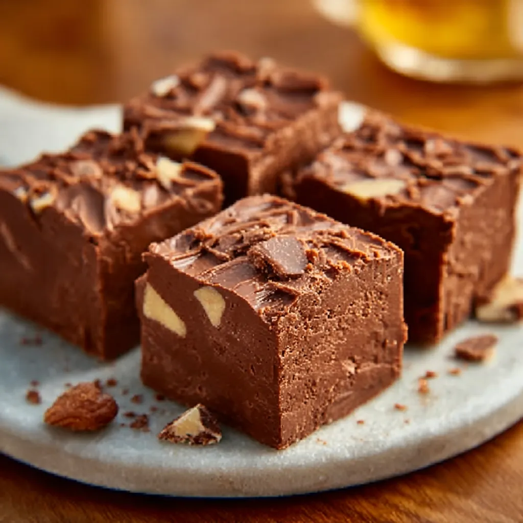 Close-up shot of rich and decadent Chocolate Fudge, showcasing its smooth texture.