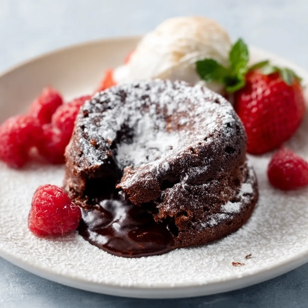 Close-up of a decadent Chocolate Lava Cake with a molten chocolate center flowing onto the plate.