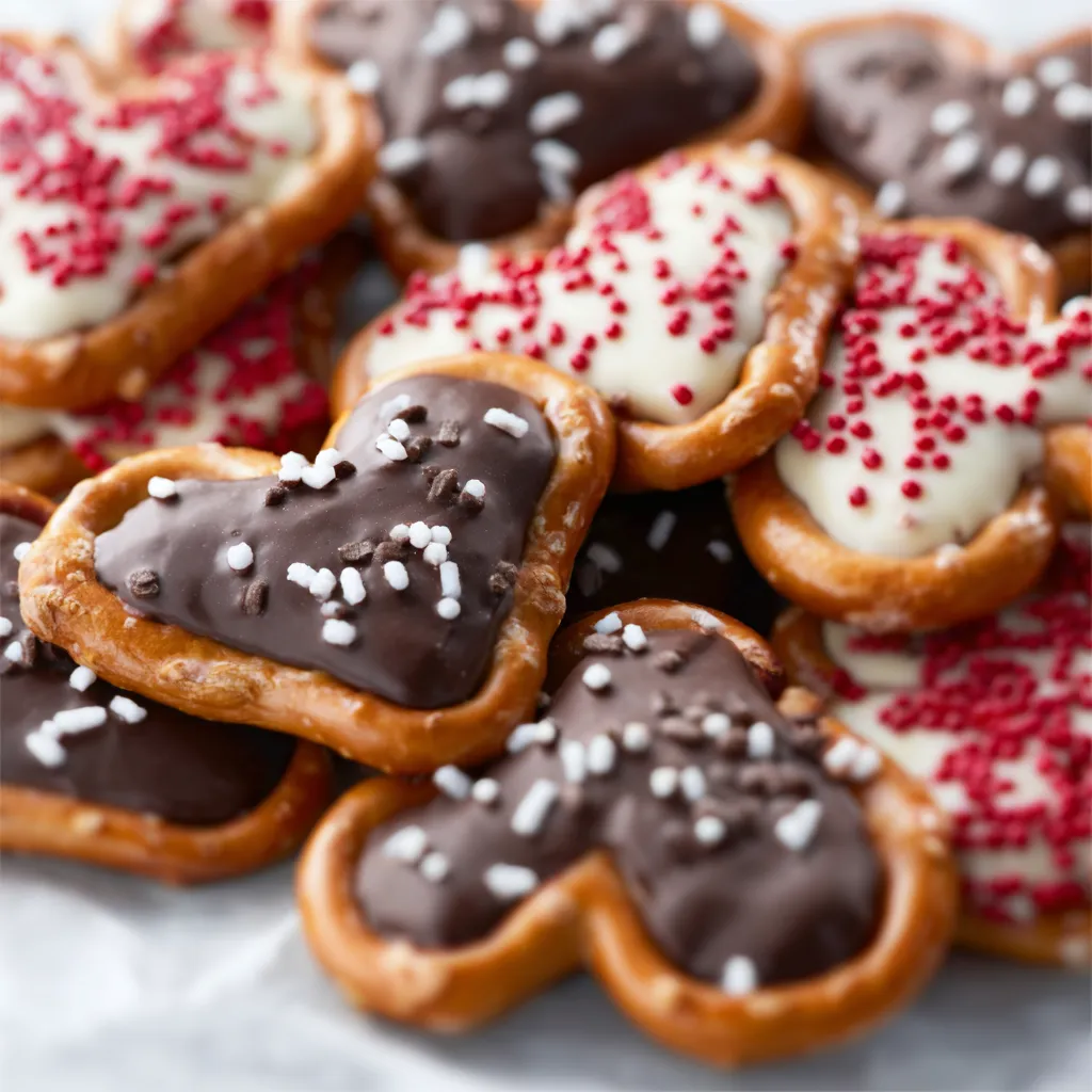 Close-up of festive Chocolate Pretzel Hearts, a delicious homemade treat.