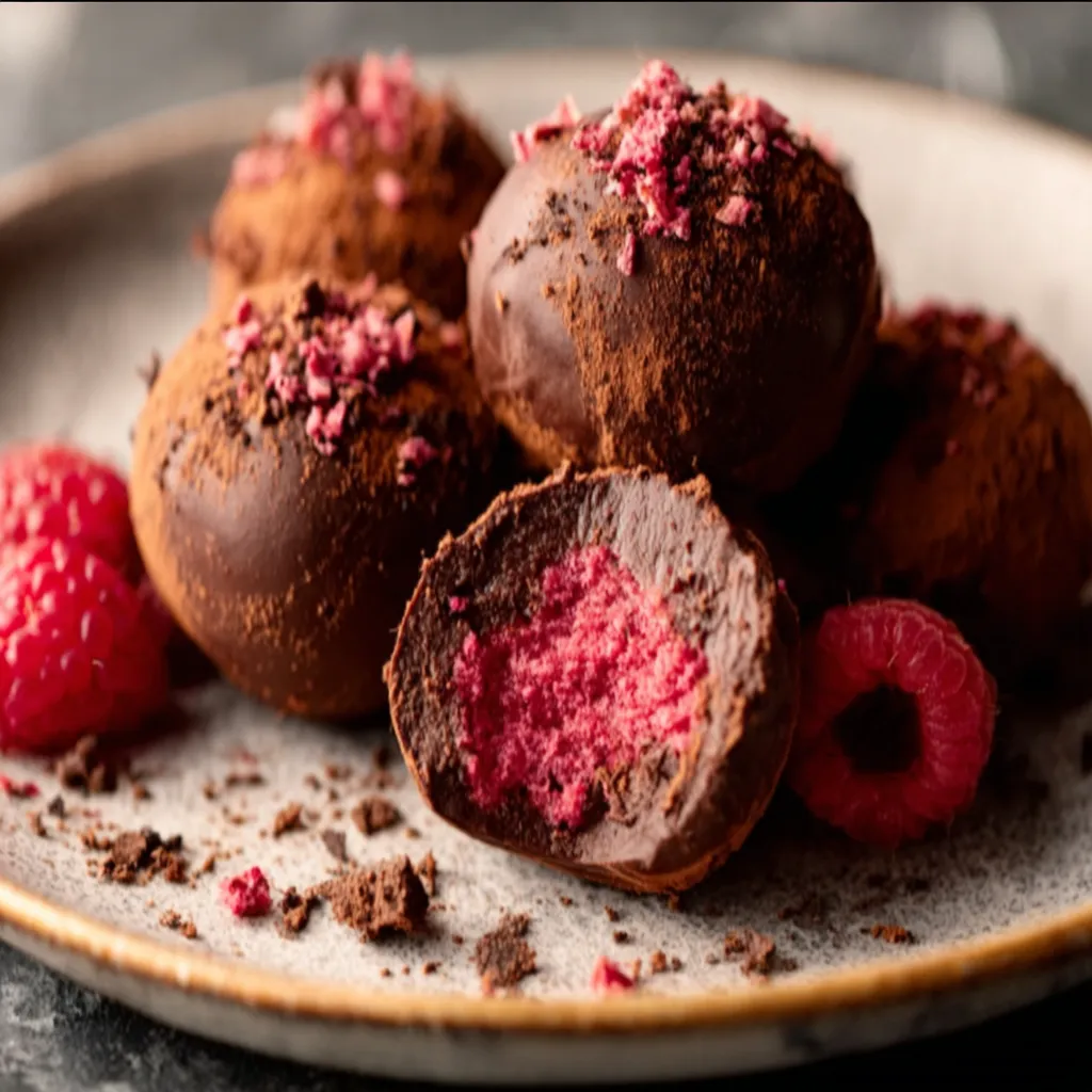 A close-up shot showcases the rich texture of homemade Chocolate Raspberry Truffles, perfect for a decadent dessert.