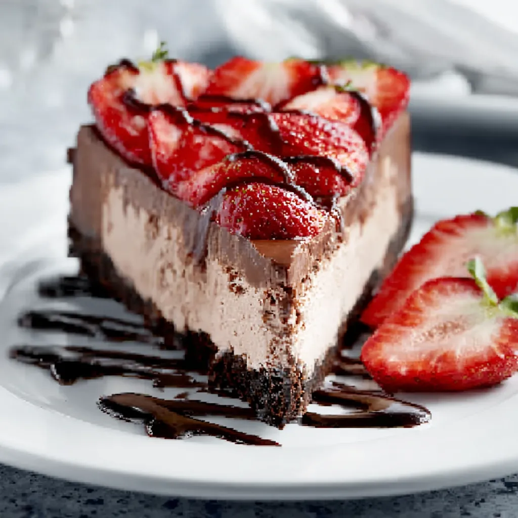 Close-up view of a delicious slice of Chocolate Strawberry Cheesecake, showcasing its creamy layers and fresh fruit topping.
