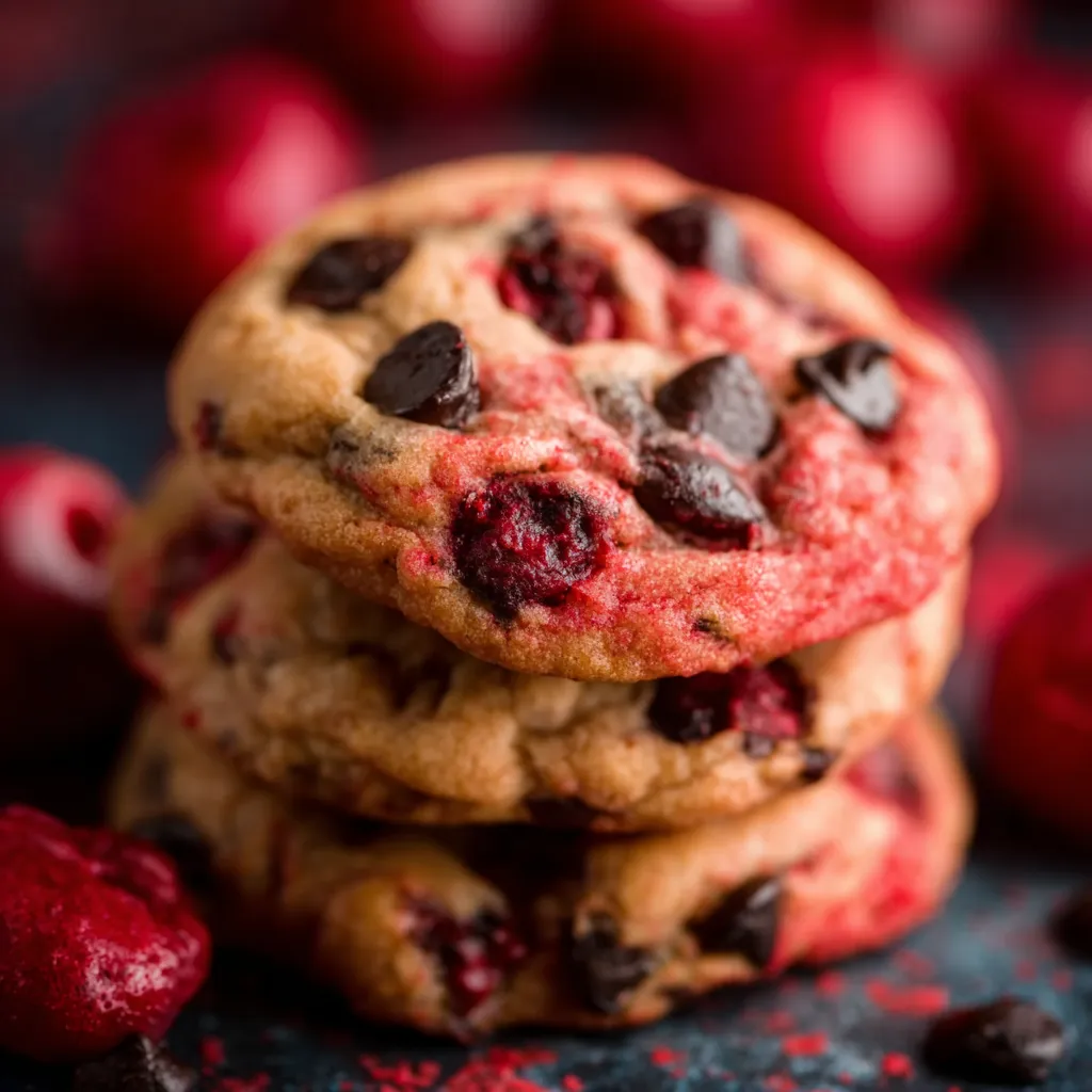 Close-up shot showcasing the soft texture and vibrant red cherries within freshly baked Maraschino Cherry Chocolate Chip Cookies.