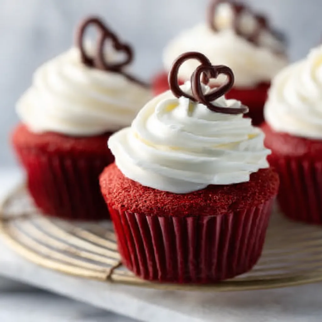 Close-up view of frosted Red Velvet Cupcakes, beautifully decorated for a delicious dessert.
