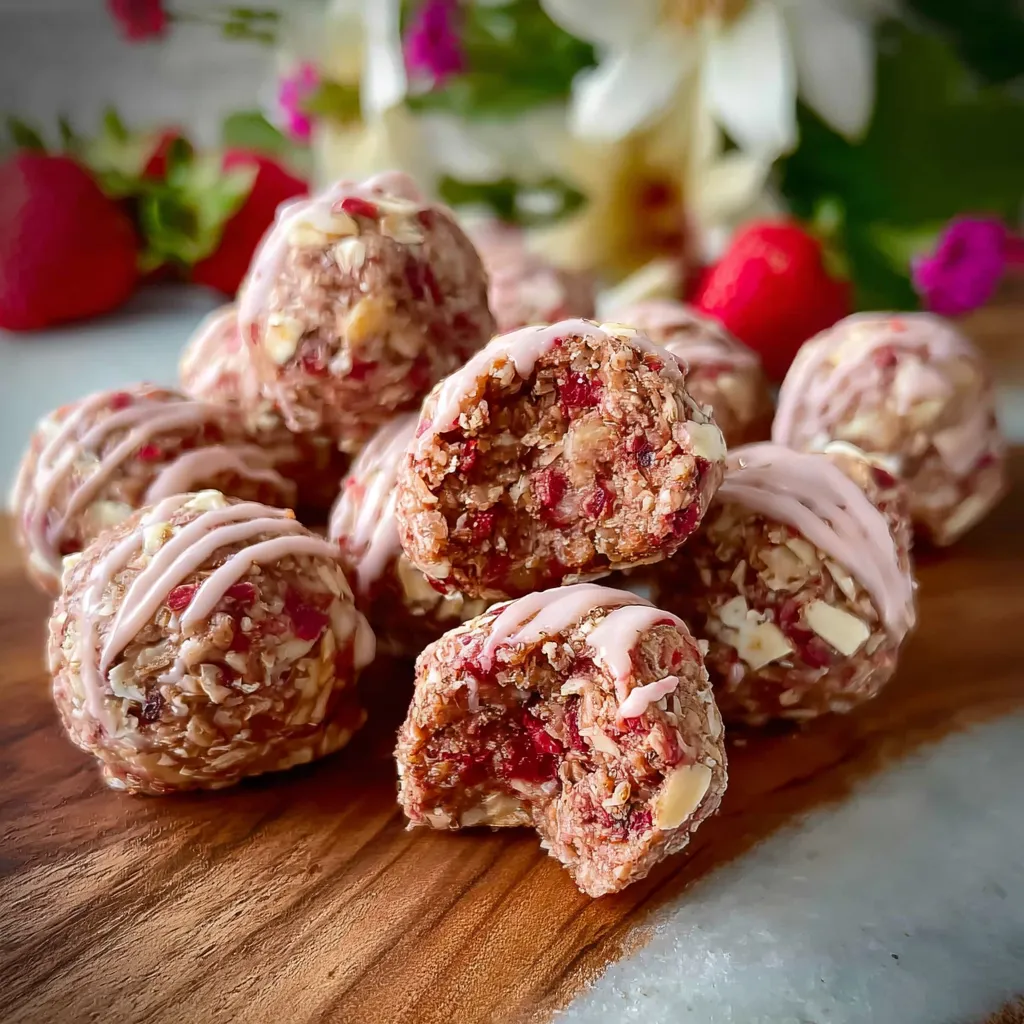 Close-up of delicious Strawberry Cheesecake Protein Balls, showing their creamy texture and strawberry pieces.