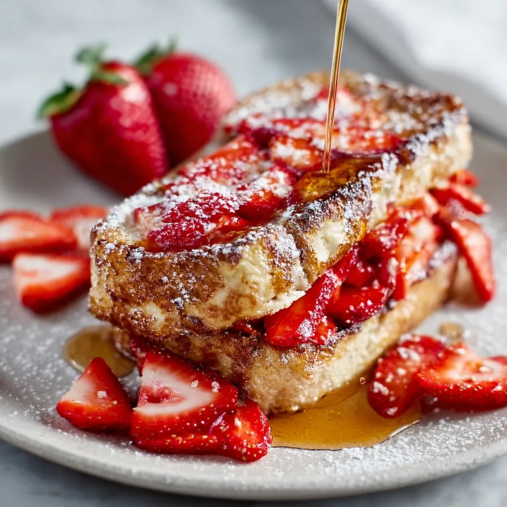 Close-up of delicious Strawberry French Toast, showcasing the juicy strawberries and golden-brown toast.