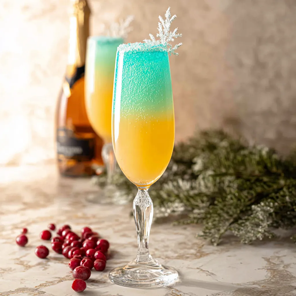 A close-up shot showcases a festive Jack Frost Mimosa, complete with a sugared rim and garnished with cranberries, ready to be enjoyed.