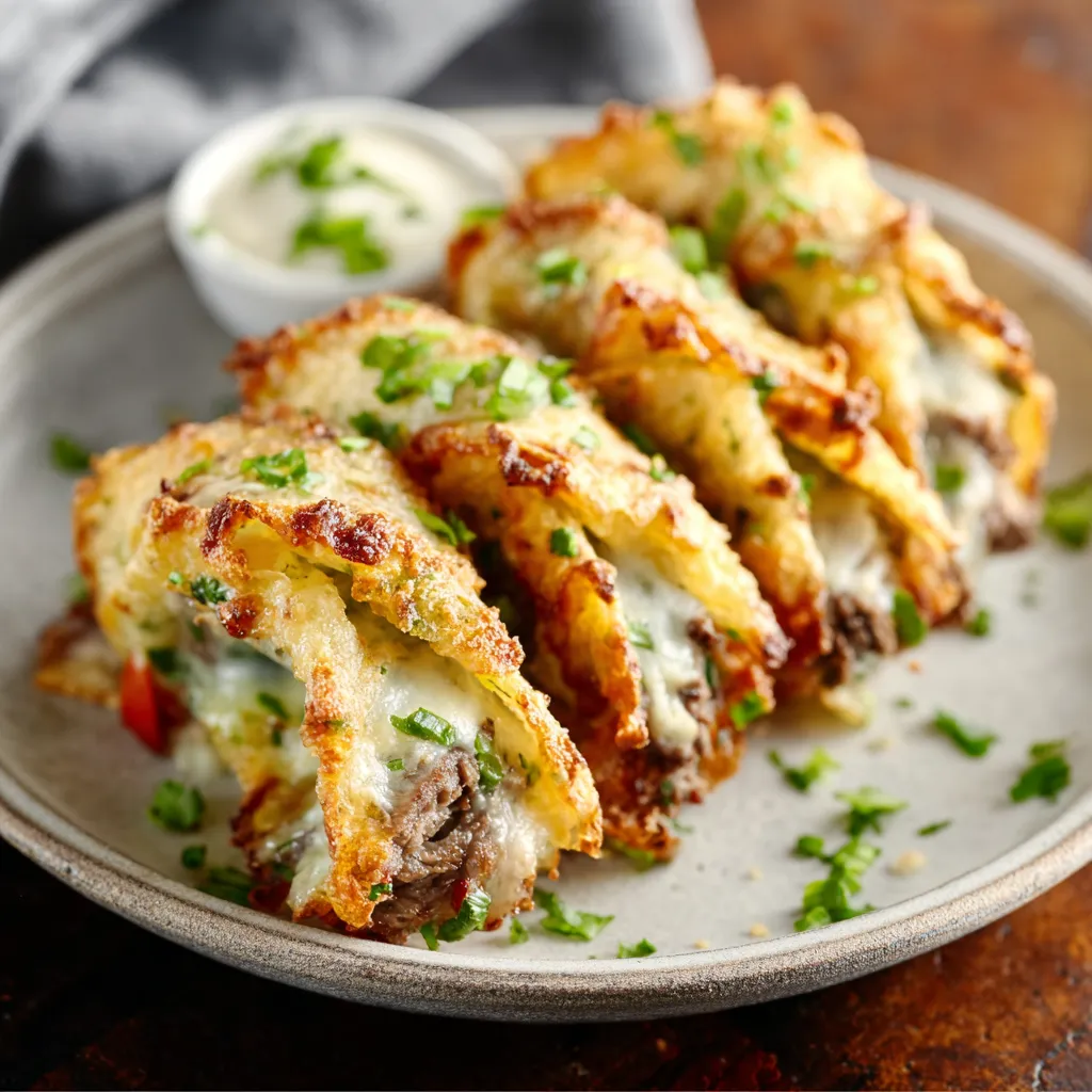 Close-up of delicious Keto Philly Cheesesteak Roll Ups showing melted cheese and savory steak filling.