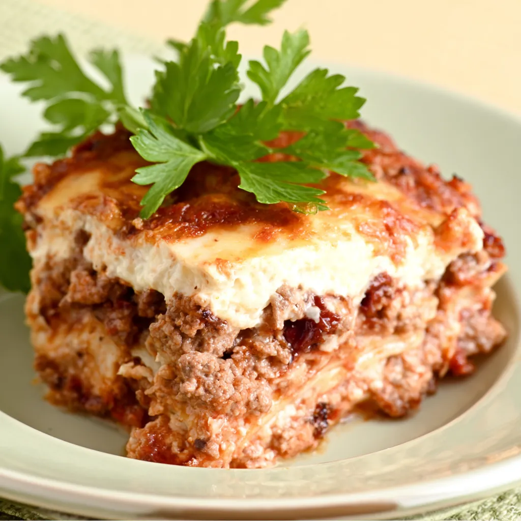 Close-up of a freshly baked Lasagna With Ground Beef, revealing its layers of pasta, rich meat sauce, and melted cheese.