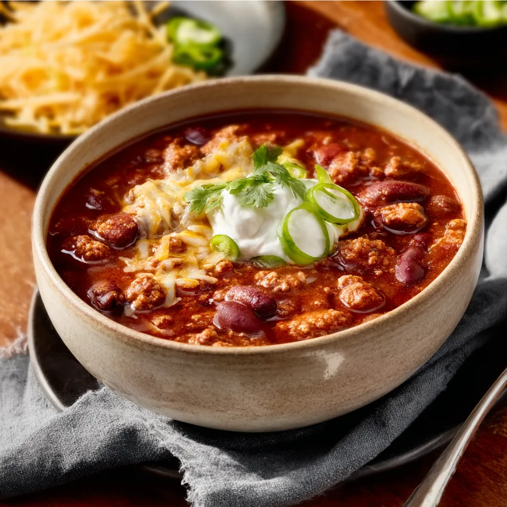 A close-up shows a steaming bowl of Lean Turkey Chili, garnished with shredded cheese and a dollop of sour cream.