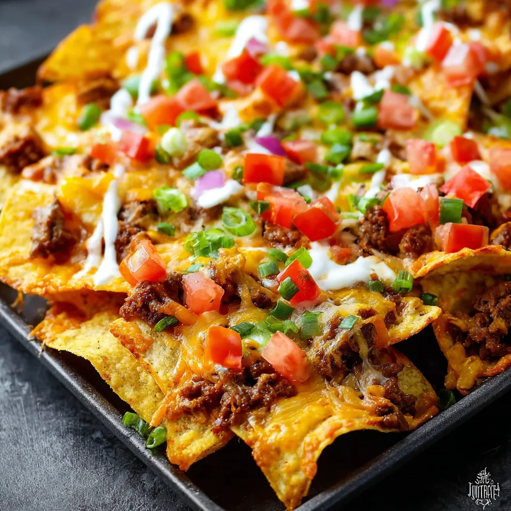 Close-up of cheesy Loaded Supreme Nachos with toppings, perfect for sharing.
