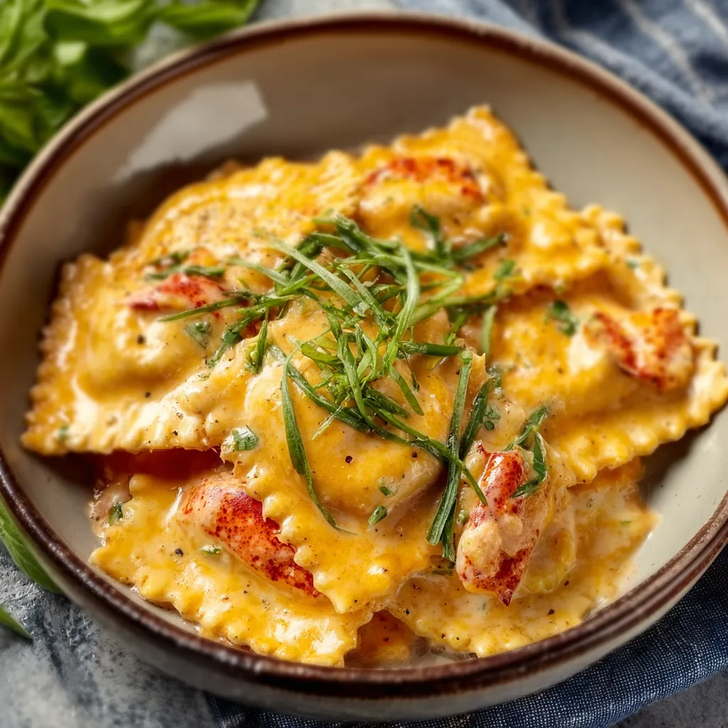 Close-up view of delicious Lobster Ravioli In Cream Sauce, showcasing the rich sauce and plump ravioli.