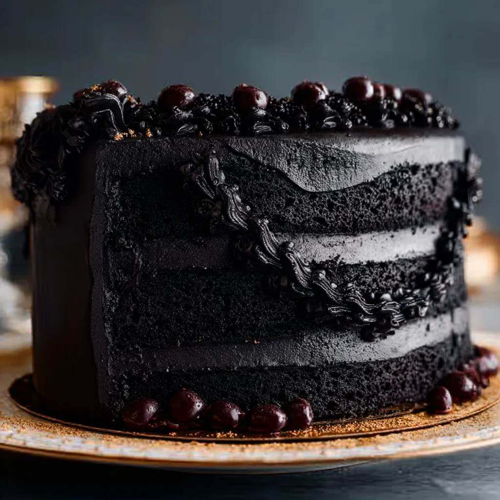 A close-up shot showcasing the rich, dark crumb of a slice of Midnight Black Velvet Cake.