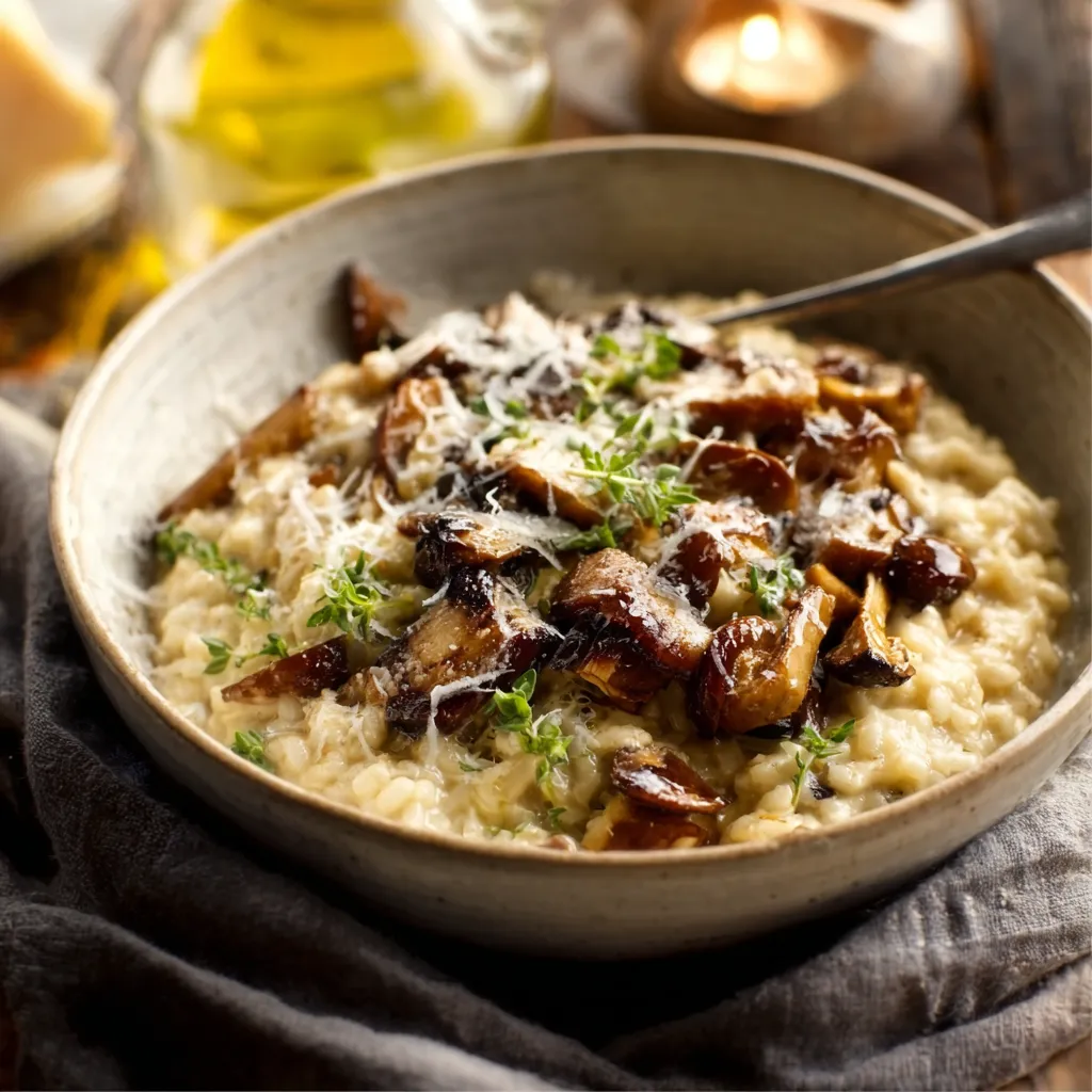 Creamy Mushroom Risotto Recipe Close-up shot showcases the creamy texture and earthy colors of freshly made Mushroom Risotto.