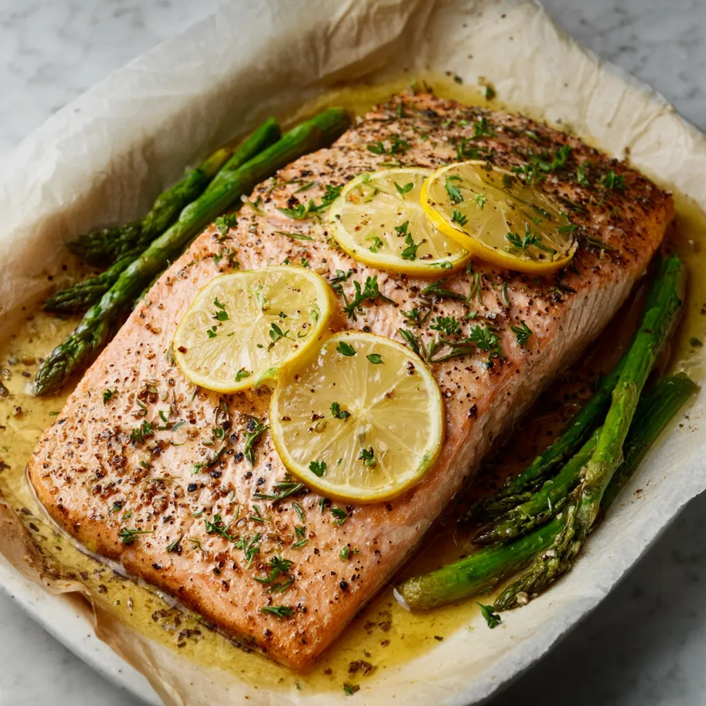 Close-up of freshly baked Oven Roasted Salmon, showcasing its flaky texture and vibrant color.