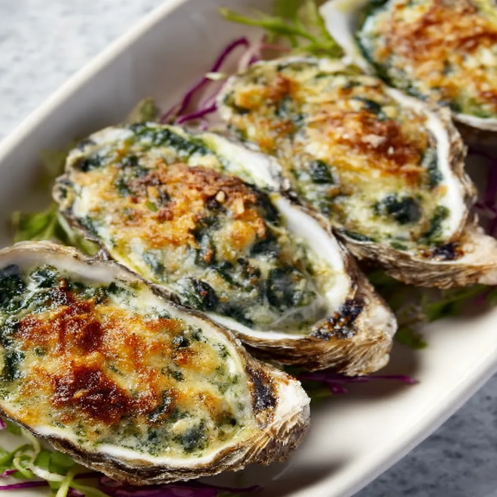 Close-up shot showcasing the creamy, baked topping of Oysters Rockefeller, highlighting the dish's rich texture.