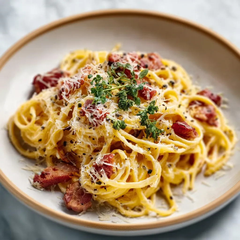 Close-up of creamy Pasta Carbonara dish, illustrating a recipe article.