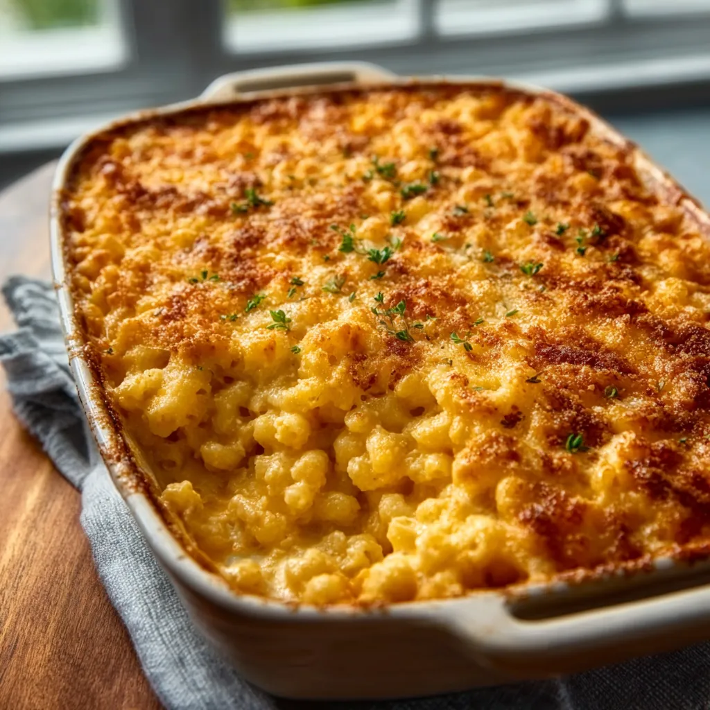 Close-up of golden-brown Baked Mac and Cheese fresh out of the oven.