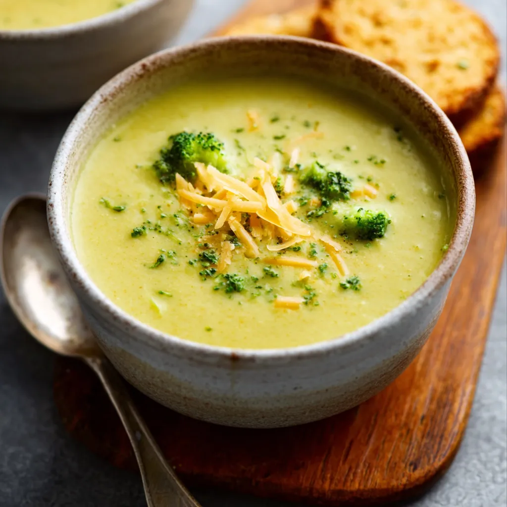 Creamy Broccoli Cheddar Soup served in a bowl, showcasing its cheesy texture and vibrant green color.