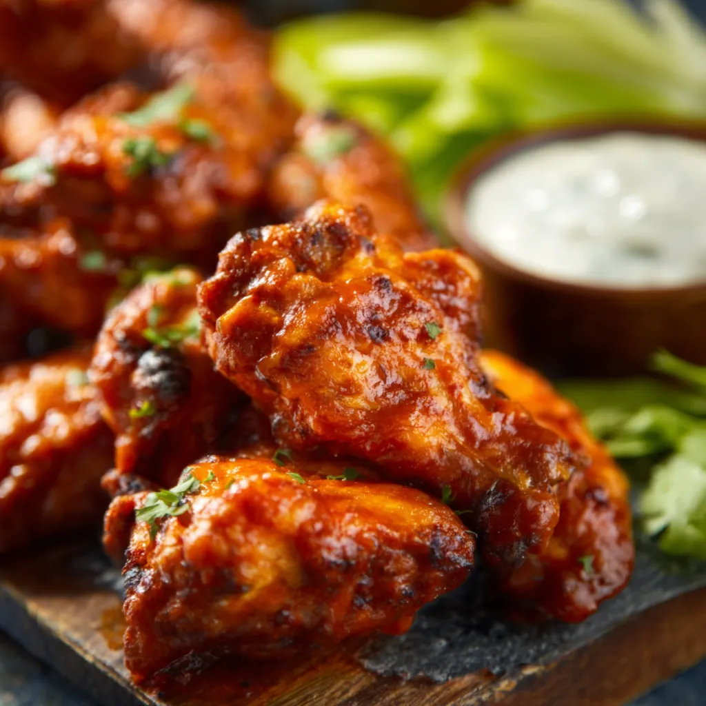 Close-up showcasing saucy Buffalo Chicken Wings, perfect for a delicious appetizer.
