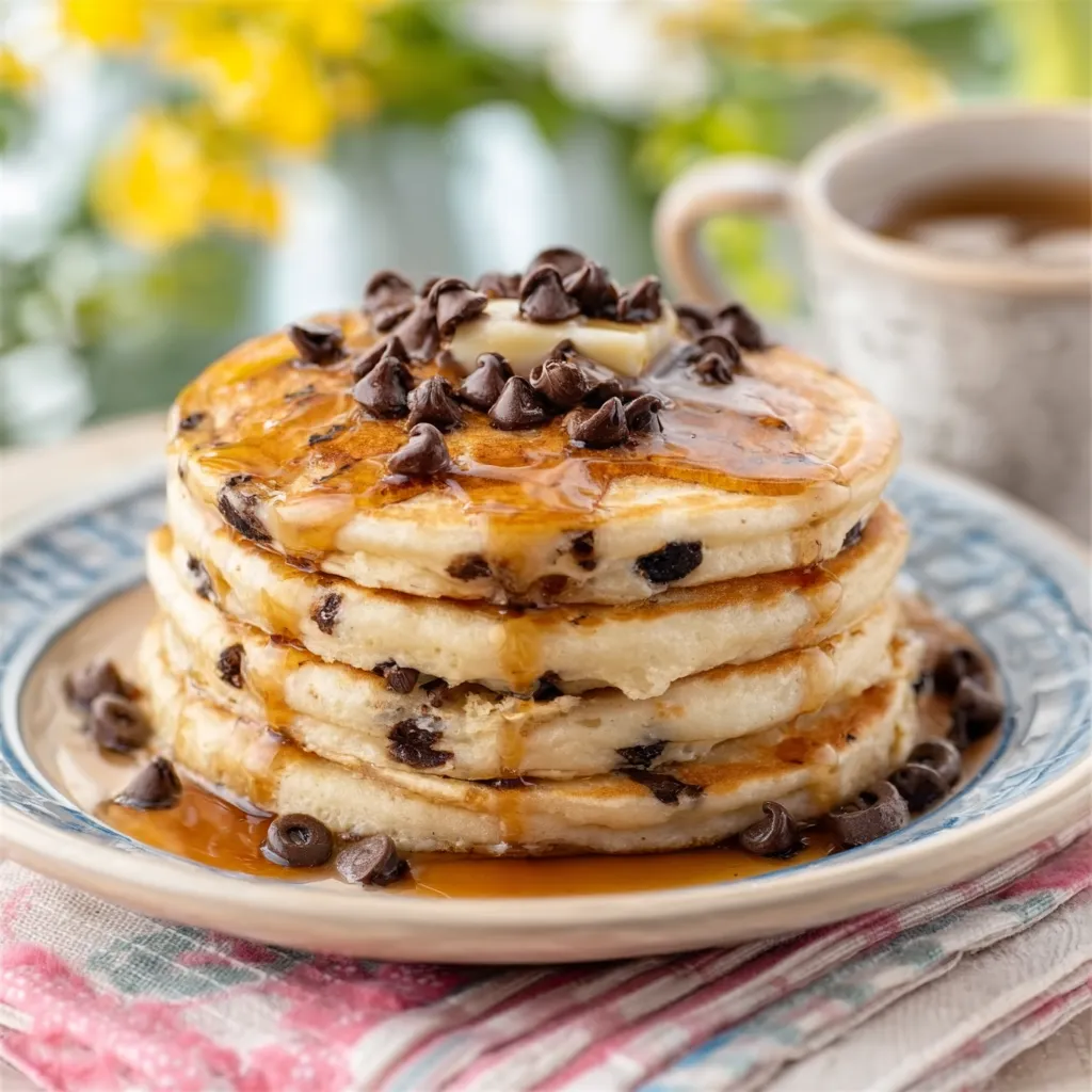 Golden brown Chocolate Chip Pancakes stacked high are ready to be enjoyed as part of a delicious breakfast.