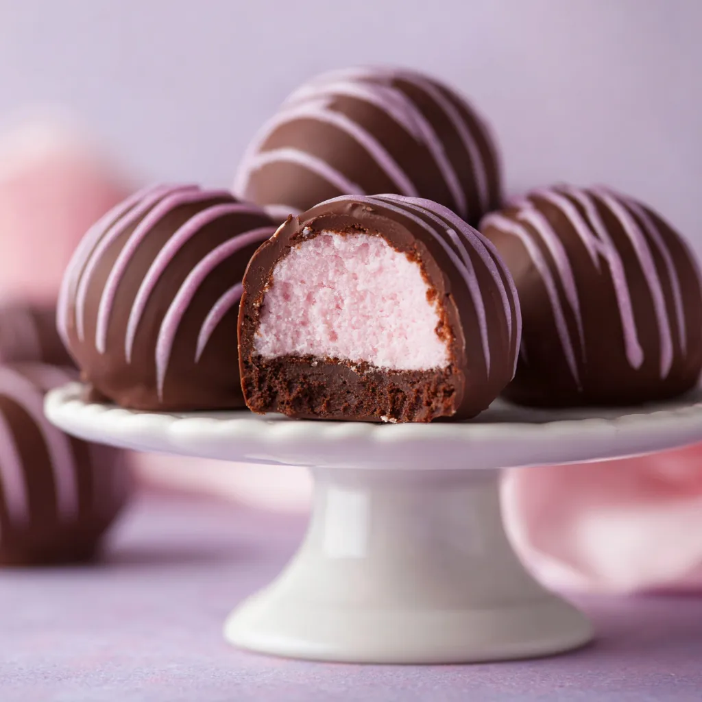 Close-up of decadent Chocolate Raspberry Truffles, showcasing their rich chocolate coating and raspberry filling.