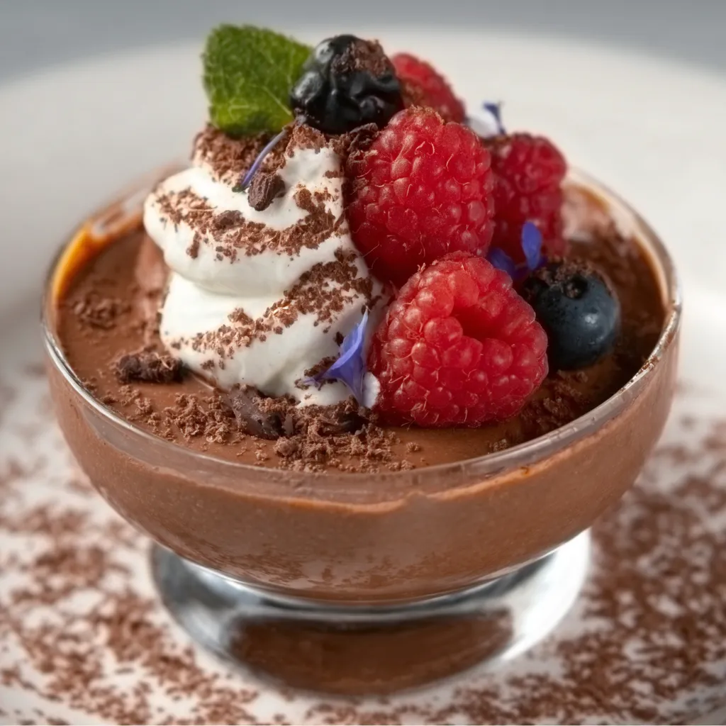 Close-up shot of decadent French Chocolate Mousse, showcasing its rich texture and glossy finish.