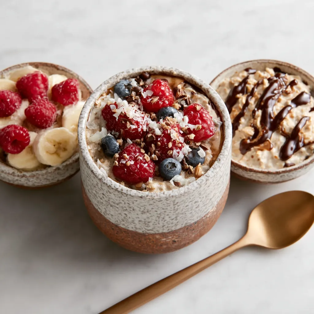 Close-up of a jar filled with creamy Overnight Oats, topped with fresh berries and chia seeds.