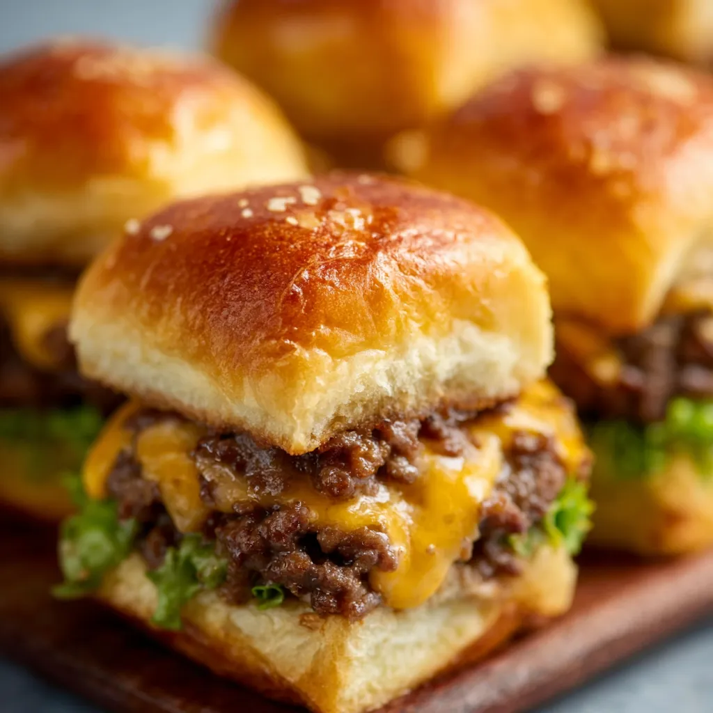 Close-up shot of delicious Mini Cheeseburger Sliders stacked on a platter.